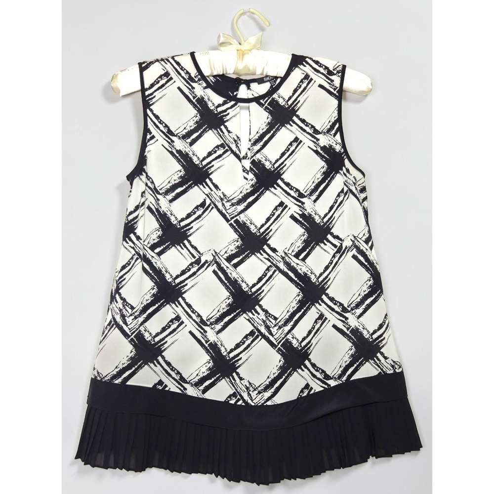 Raoul Silk Blouse Sleeveless Black Ivory Abstract Pleated Hem US 6 - Picture 2 of 11